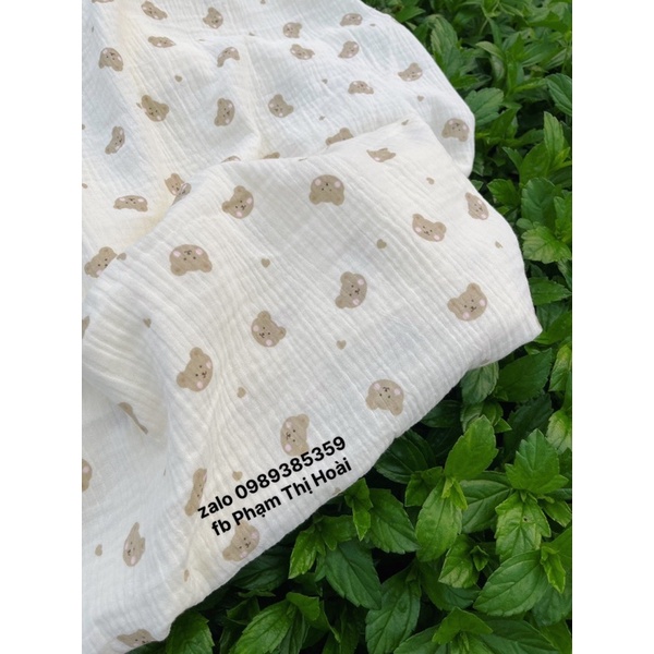 vải xô muslin cao cấp hình con gấu má hồng đáng yêu may khăn tắm,khăn sữa cho bé sơ sinh