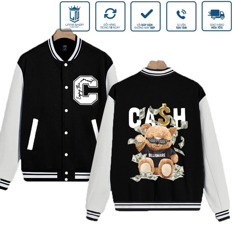 Áo khoác bomber nỉ phối tay trắng áo bóng chày unisex fom rộng chất nỉ dày dặn vải min thấm hút mồ hôi.