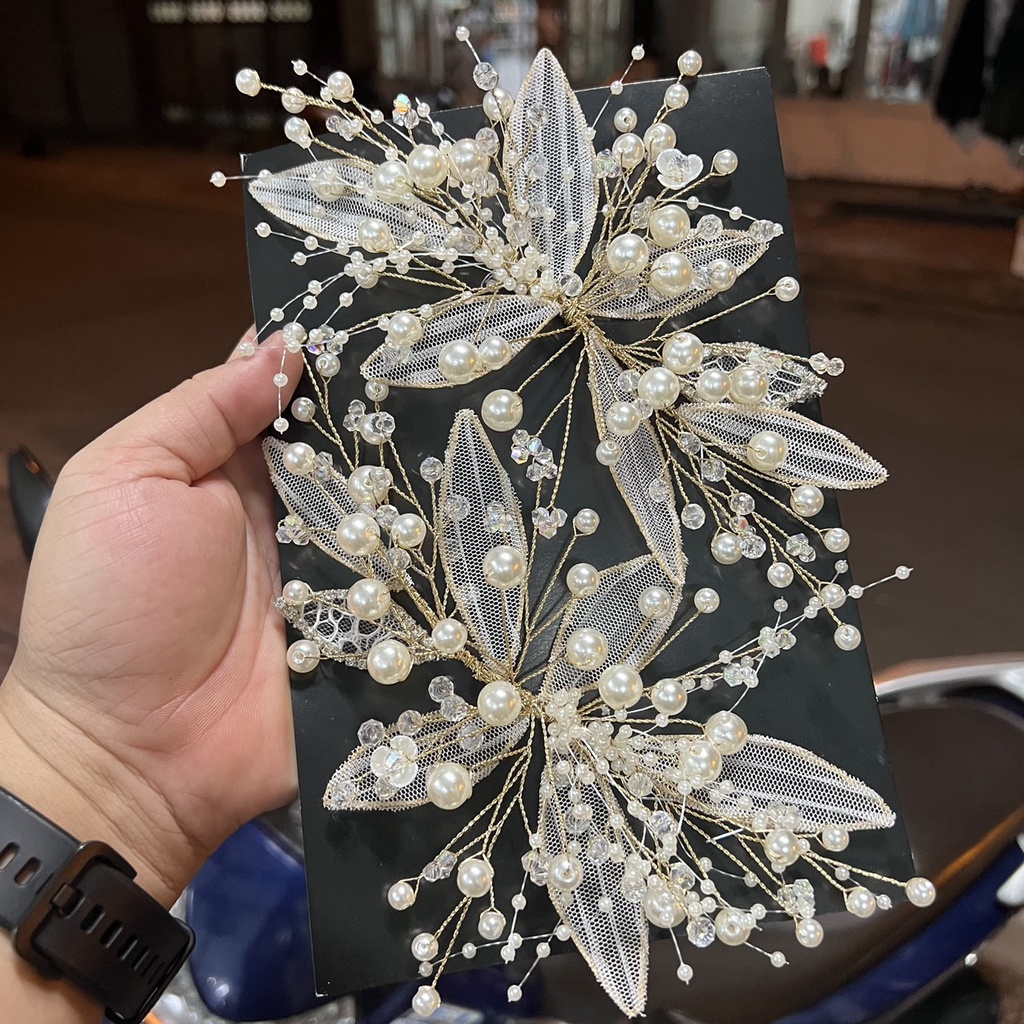 Cài tóc cô dâu lá lưới điểm hạt trai pha lê vàng trắng đẹp Giangpkc 2022