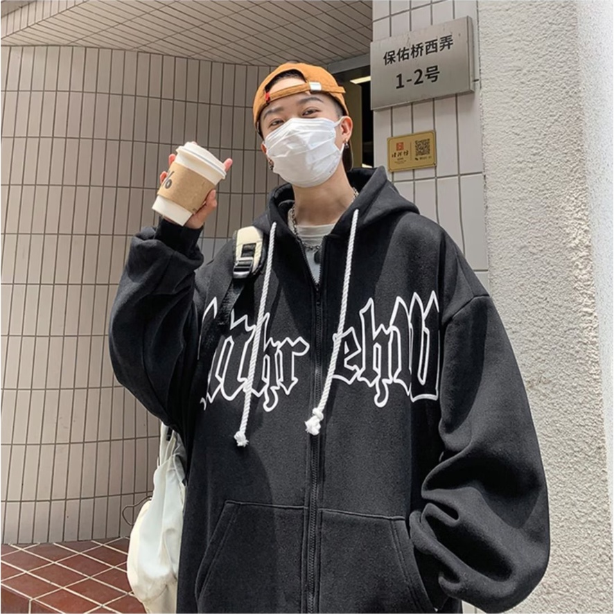 Áo Khoác dây kéo Có Nón Dáng Rộng In Chữ Áo hoodie Phong Cách Hàn Quốc áo hoodie dây kéo Thời Trang áo khoác hoodie Nam Nữ