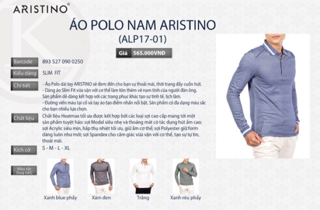 [SALE 40%] Áo polo dài tay Aristino ALP17-01 tinh tế lịch lãm