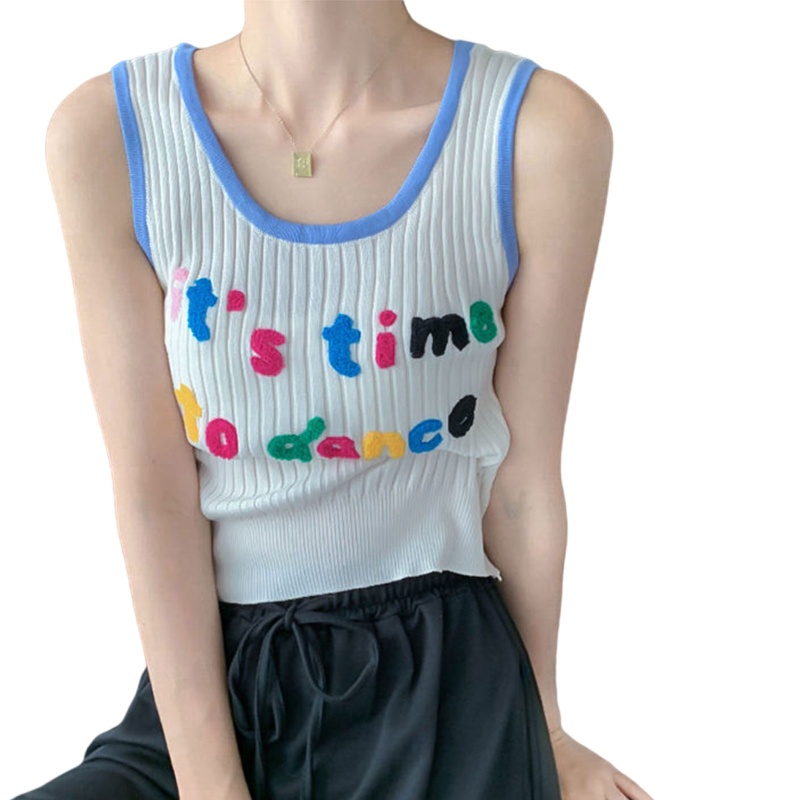 Áo Croptop Dệt Kim Không Tay Thêu Chữ Nhiều Màu Sắc Dễ Thương Thời Trang Mùa Hè Cho Nữ