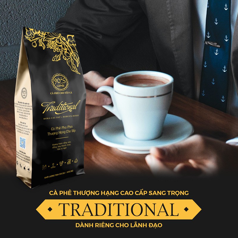 250Gr Cà Phê Traditional Phối Robusta Honey&Moka Chuyên Pha Phin Rang Mộc Nguyên Chất |100% Cà Phê Sạch| 90S Coffee VN