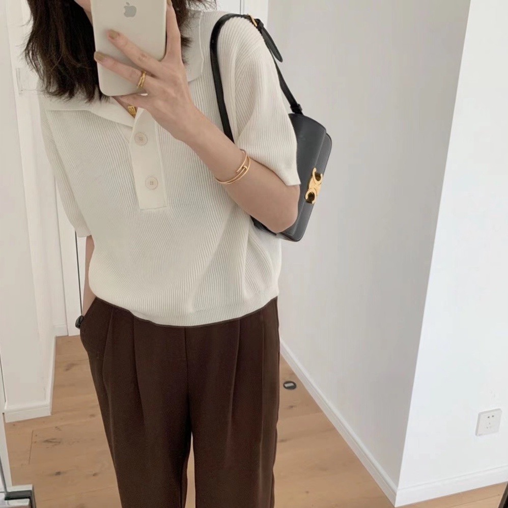 [Hana And Alice] Áo Thun polo Dệt Kim Lụa Lạnh Mỏng Nhẹ Tay Ngắn Màu Xanh Sữa Mềm Mại Phong Cách Hàn Quốc Thời Trang Mùa