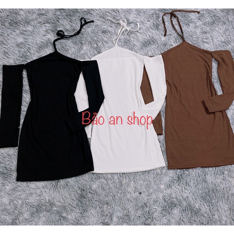 Đầm body gân dây kiểu ôm tay dài trễ vai cổ yếm sexy
