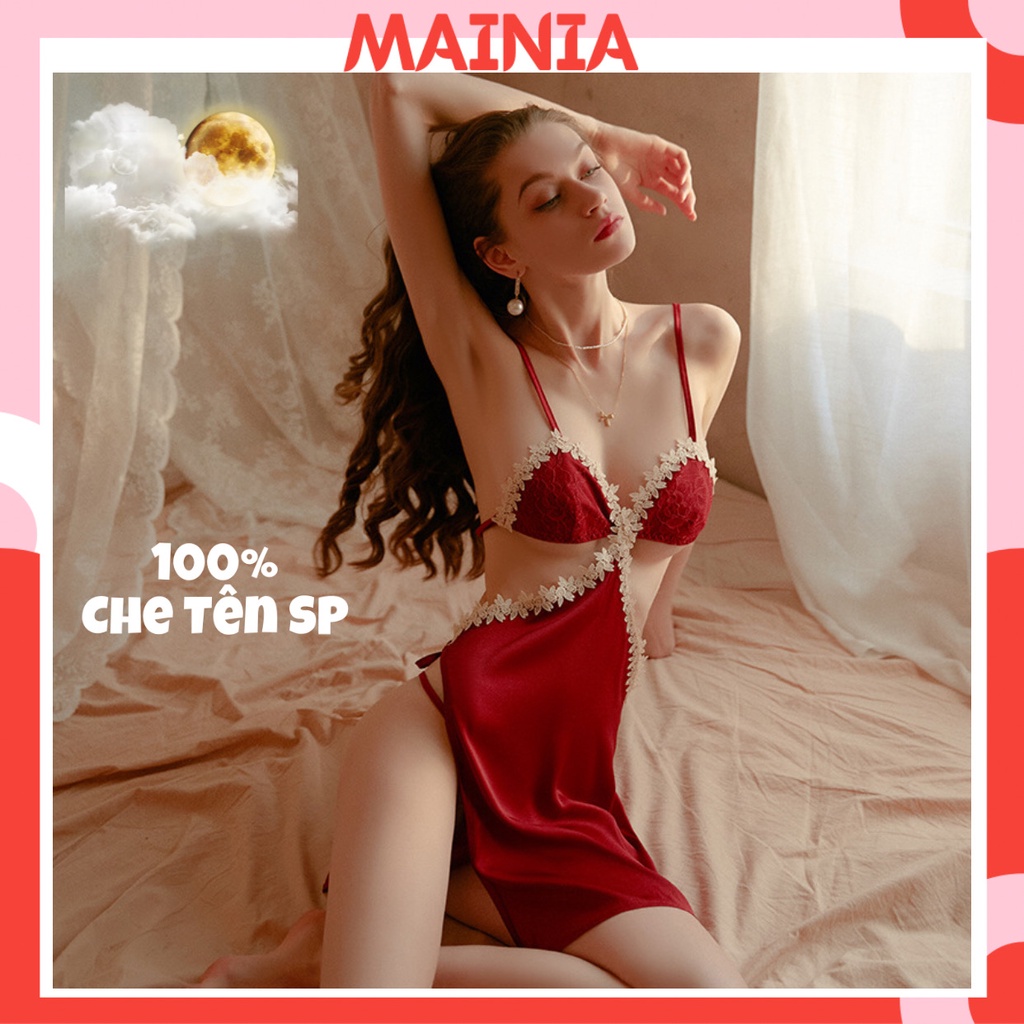 [Cao Cấp] Đầm Ngủ Váy Ngủ Lụa Phối Ren Khoét Eo Cột Dây Hông Gợi Cảm Sexy Quyến Rũ Mainia Shop