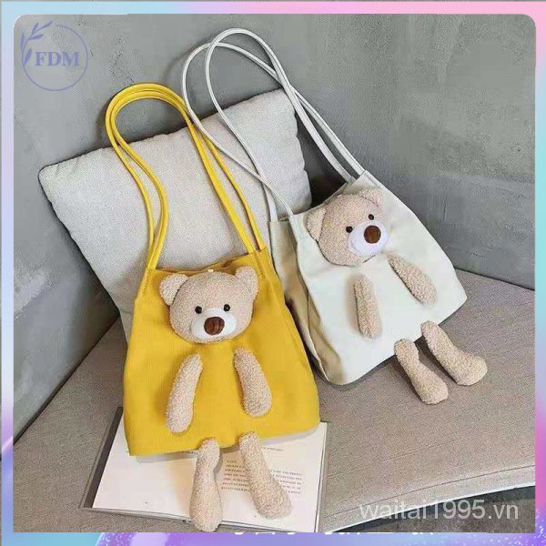 Túi tote đeo vai bằng vải sức chứa lớn hình gấu dễ thương thời trang