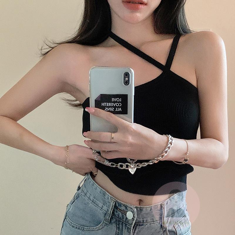 Áo Tank Top Hai Dây Lệch Tà Màu Trơn / Trắng / Xanh Lá / Đen Thời Trang Mùa Hè Cho Nữ