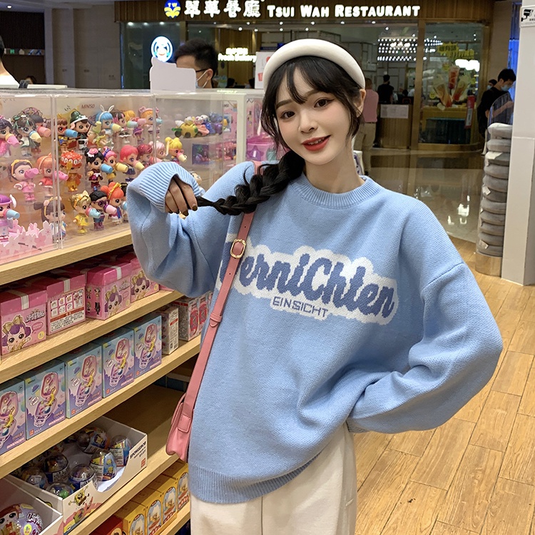 SUXI Áo Sweater Dệt Kim Tay Dài Cổ Tròn In Chữ Đơn Giản Thời Trang Thu Đông Cho Nữ