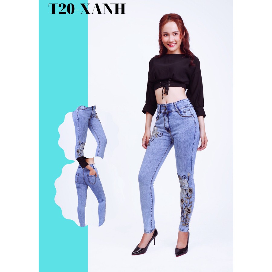 Quần jean nữ thêu hoa hồng co giãn tốt màu xanh jean T20