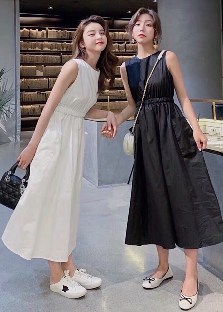 Đầm váy dạo phố cổ tròn thun eo 3 màu