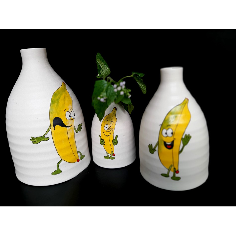 BANANA VASE SET/ BỘ BÌNH CHUỐI TRANG TRÍ NHÀ CỬA, SẢN PHẨM VẼ TAY THỦ CÔNG TẠI XƯỞNG GỐM SỨ AUTHENTIC BAT TRANG