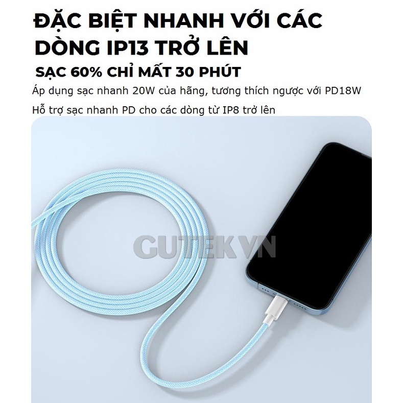 Dây sạc nhanh ip Gutek C8 bọc dù cho 6 7 8 plus xsmax 11 12 13 pro max