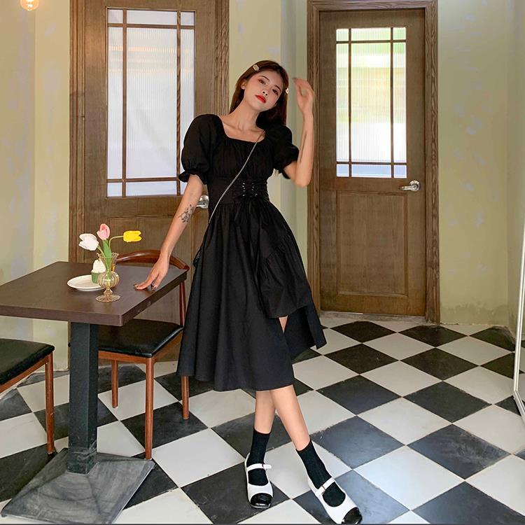 Đầm Tay Phồng Ngắn Cổ Vuông Màu Trơn Thiết Kế Đơn Giản Thời Trang Cho Nữ