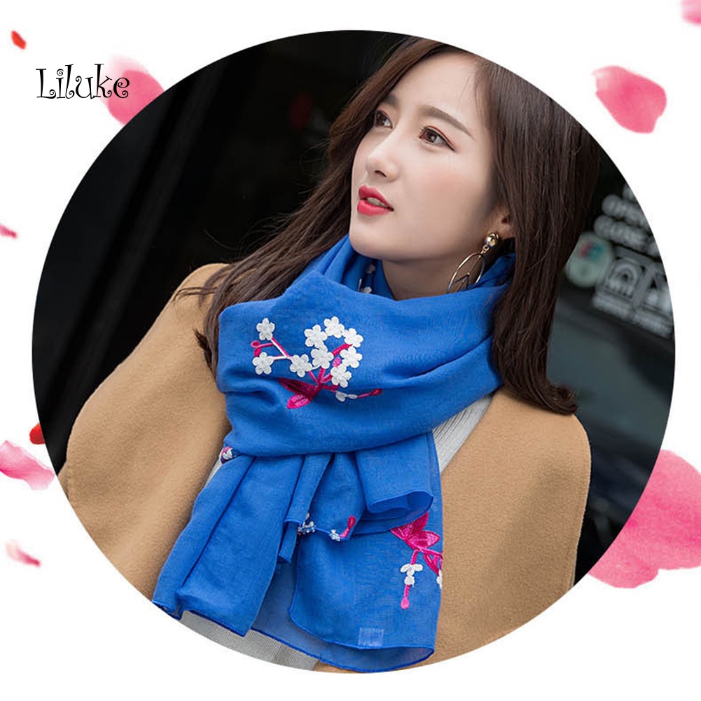 Khăn Choàng Cotton Linen Mềm Thêu Hoa Xinh Xắn Cho Nữ