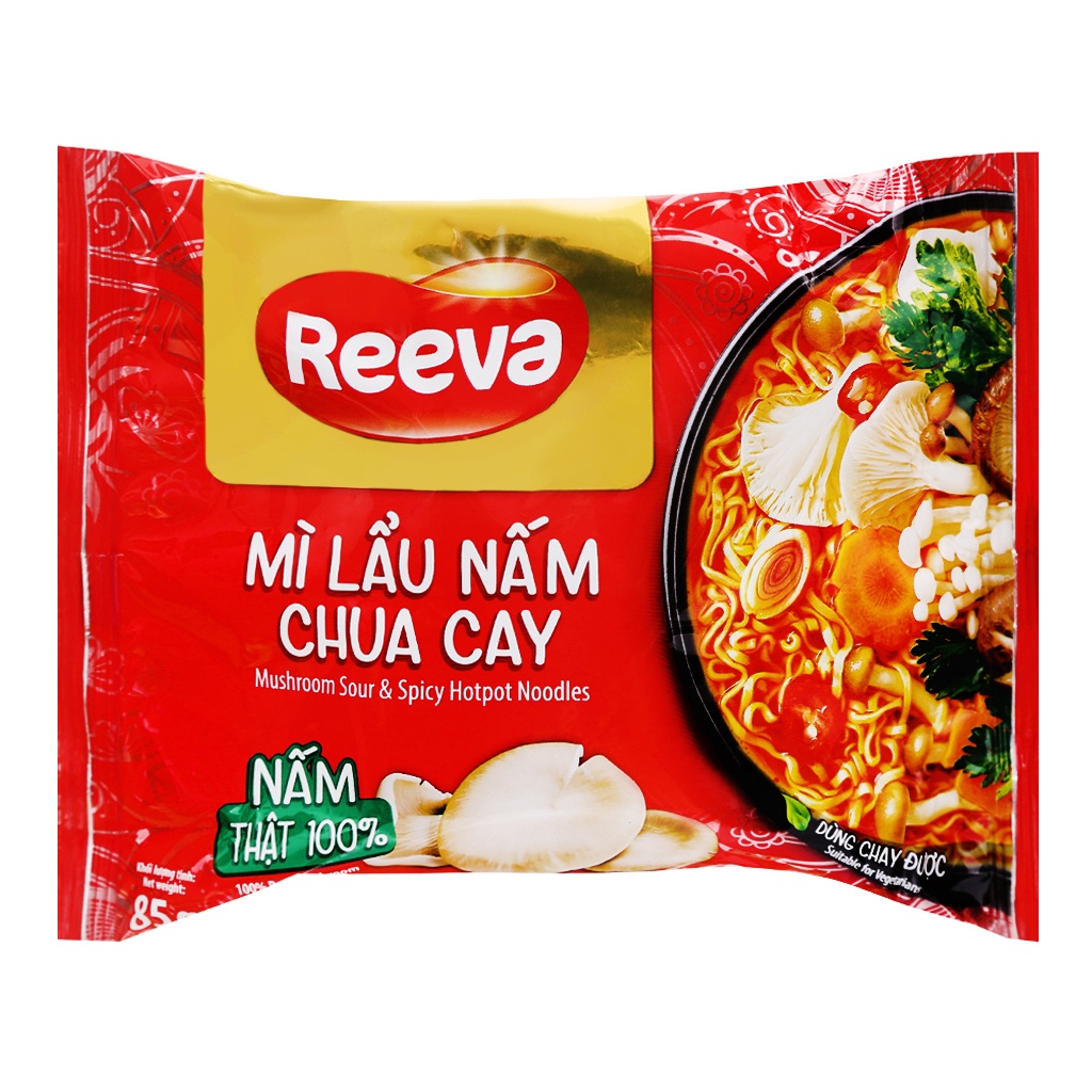 MÌ LẨU NẤM CHUA CAY REEVA - ĂN CHAY ĐƯỢC - 85G/GÓI - THÙNG 30 GÓI
