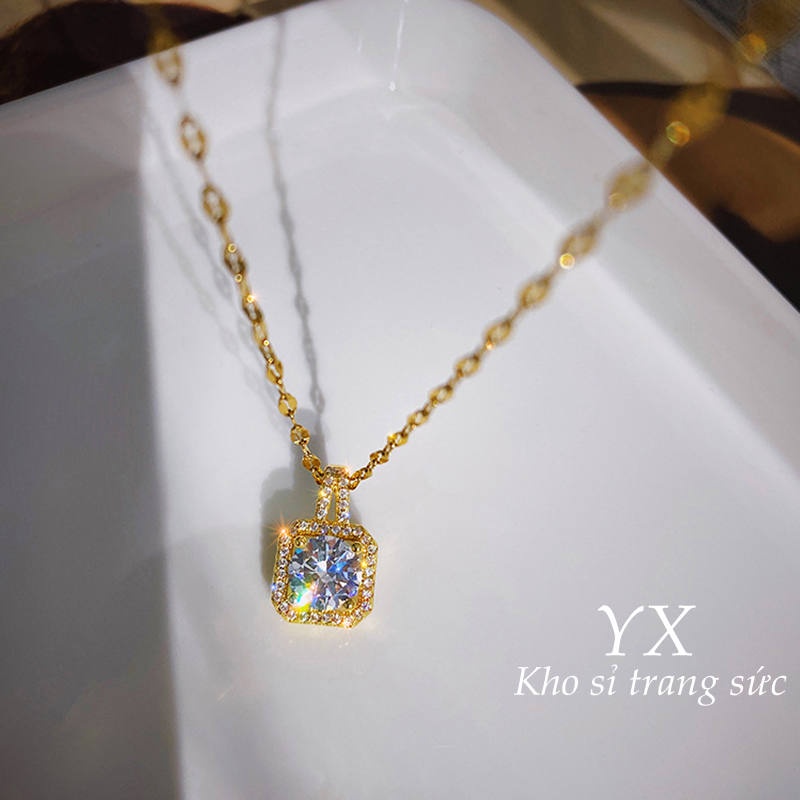 Vòng cổ titan nữ mạ vàng 18k dây chuyền nữ TITAN KHÔNG GỈ mặt vuông đính đá pha lê trang sức titan cao cấp thời trang 2021