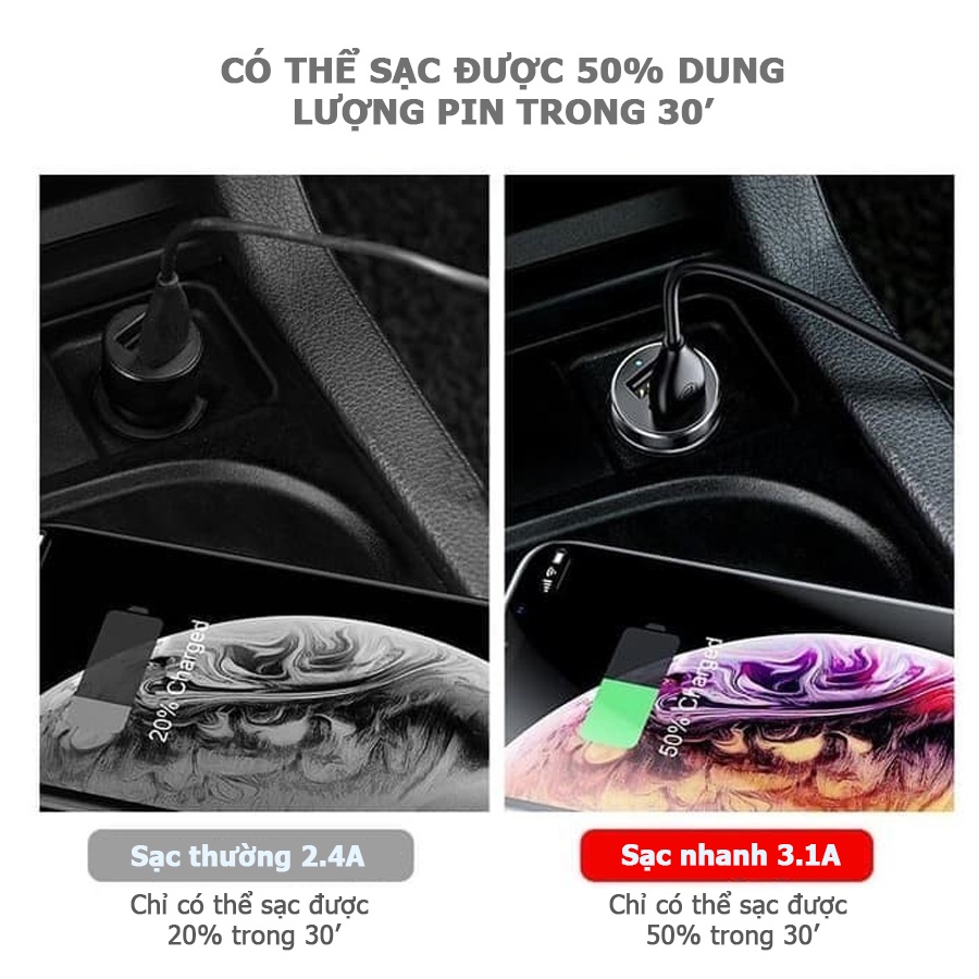 Bộ Chia Tẩu Sạc Baseus High Efficiency 1 to 2 Cigarette Lighter Tặng Kèm 1 Tẩu Sạc