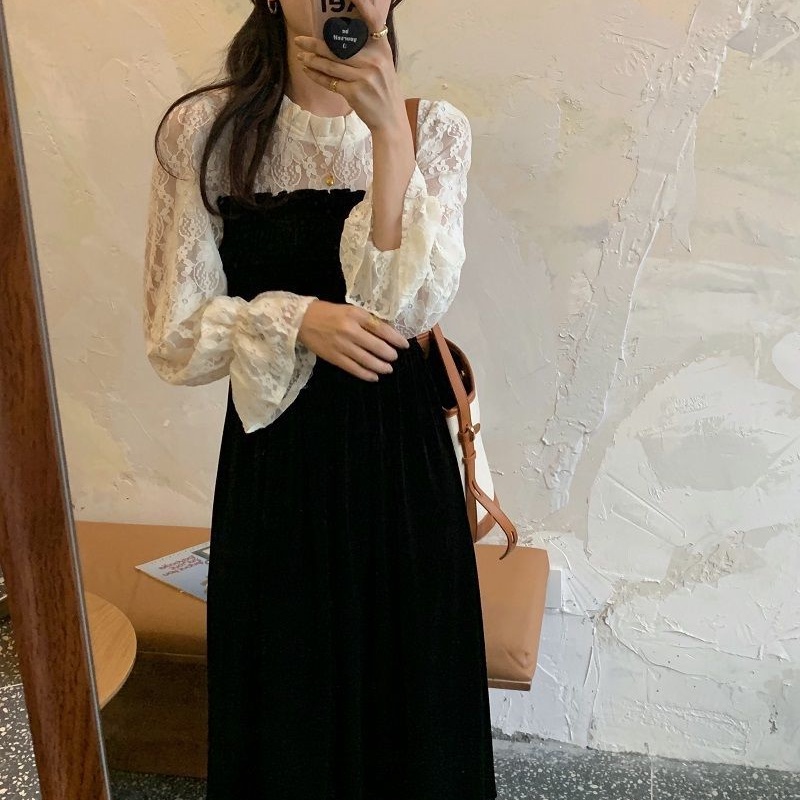 Đầm Perty nhung phối ren thời trang mùa thu Hàn Quốc cho nữ