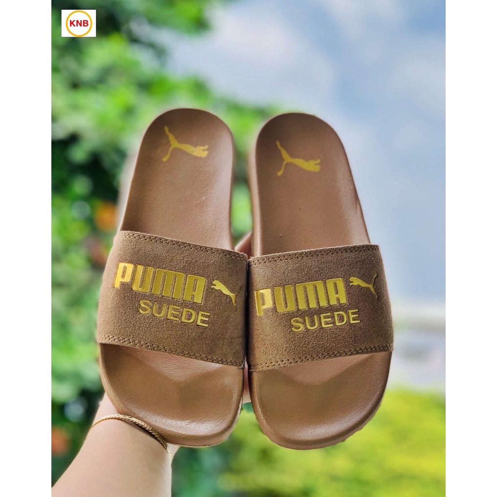 Dép 𝐏𝐔𝐌𝐀 ❤️FREESHIP + Hộp❤️ dép unisex 𝐌𝐋𝐁 quai ngang bóng chày thể thao nam nữ in PUMA da lộn, đế IP bền nâu đế nâu