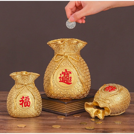 Lọ hoa túi tiền vàng đỏ LOHSU3 may mắn cắm đào đông lúa mỳ dễ thương cắm bút cọ trang điểm decor trang trí resin 11cm