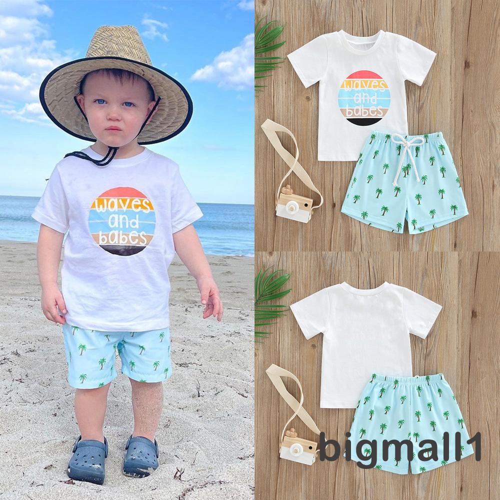 Set Áo Thun Ngắn Tay Cổ Tròn + Quần Short Lưng Thun Họa Tiết Cây Cho Bé Trai 6 Tháng Tuổi