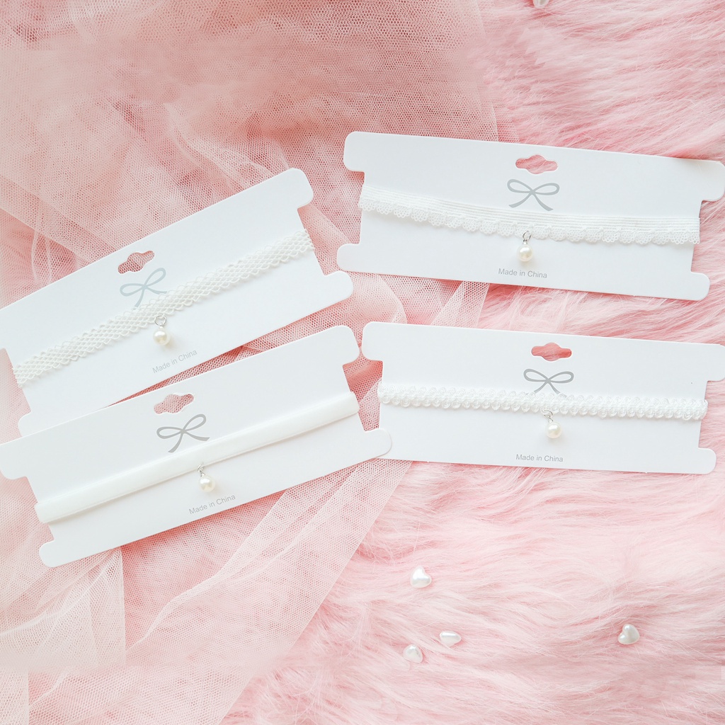 Vòng Cổ choker Nhung Trắng Đính Ngọc Trai Nhân Tạo Phong Cách Nhật Bản