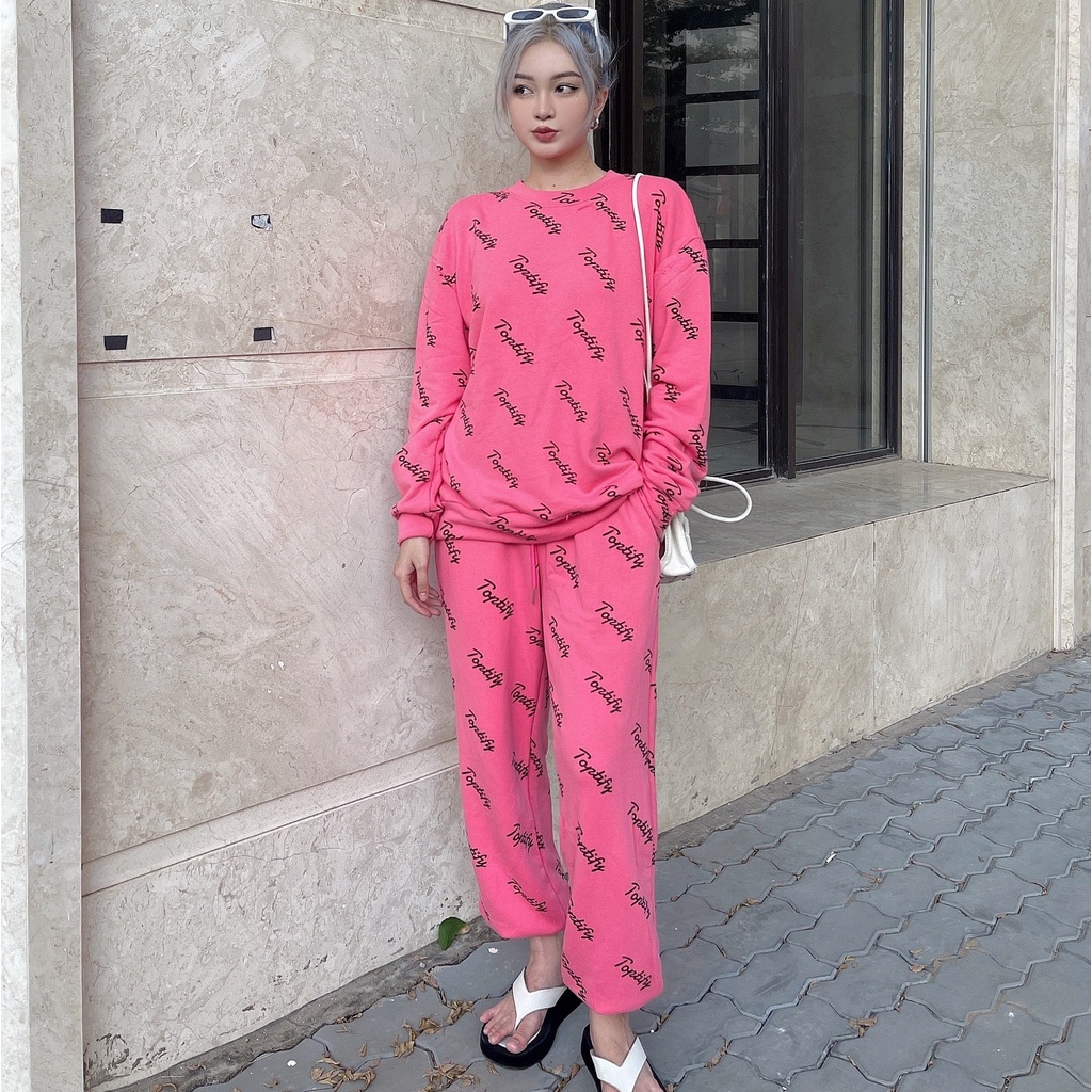 Bộ quần áo nỉ TOPTIFY in logo dài tay sweater và jogger Mary Rose Set S06