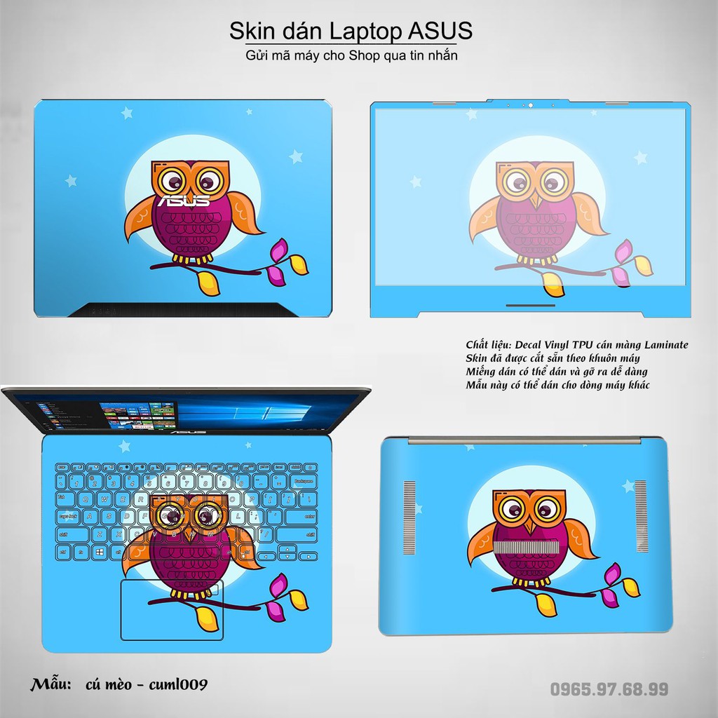 Skin dán Laptop Asus in hình Cú mèo (inbox mã máy cho Shop)