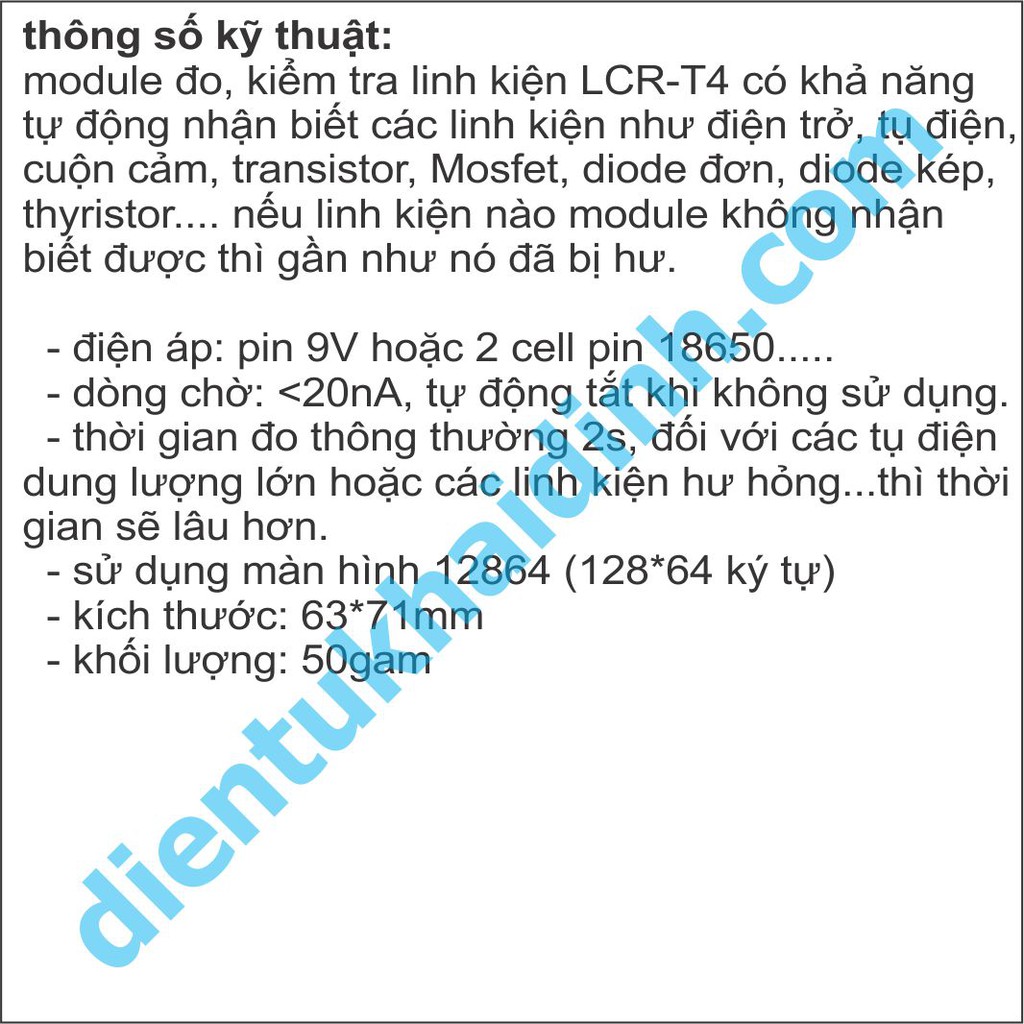 Module đo và kiểm tra linh kiện điện tử đa năng LCR-T4 màn hình LCD nguồn pin 9V kde5345