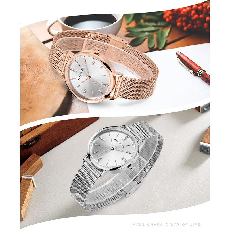 Đồng Hồ Đeo Tay MINI FOCUS Chống Thấm Nước Siêu Mỏng Đính Kim Cương Giả Kiểu Nhật Bản + Hộp Đựng Thời Trang Cho Nữ
