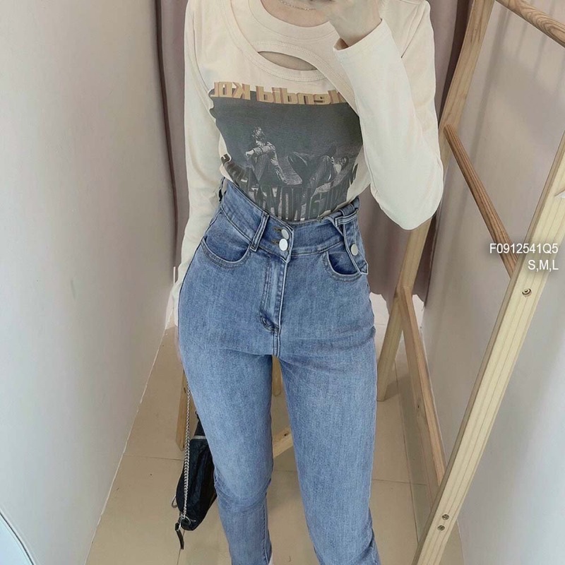 Quần jeans lưng cao 2 nút