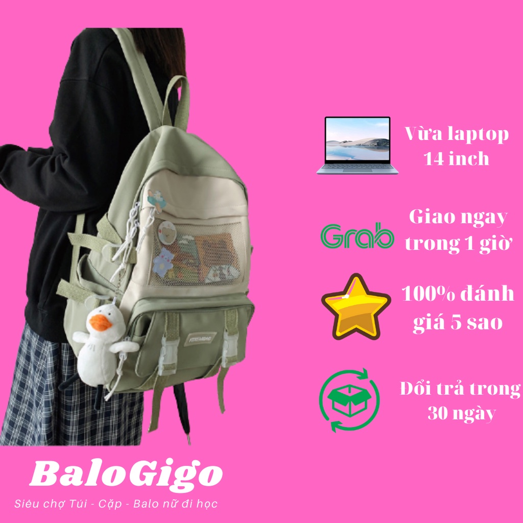 Cặp đi học nữ nhiều ngăn dễ thương, tặng 2 ảnh và 3 sticker như hình G247 - BaloGigo