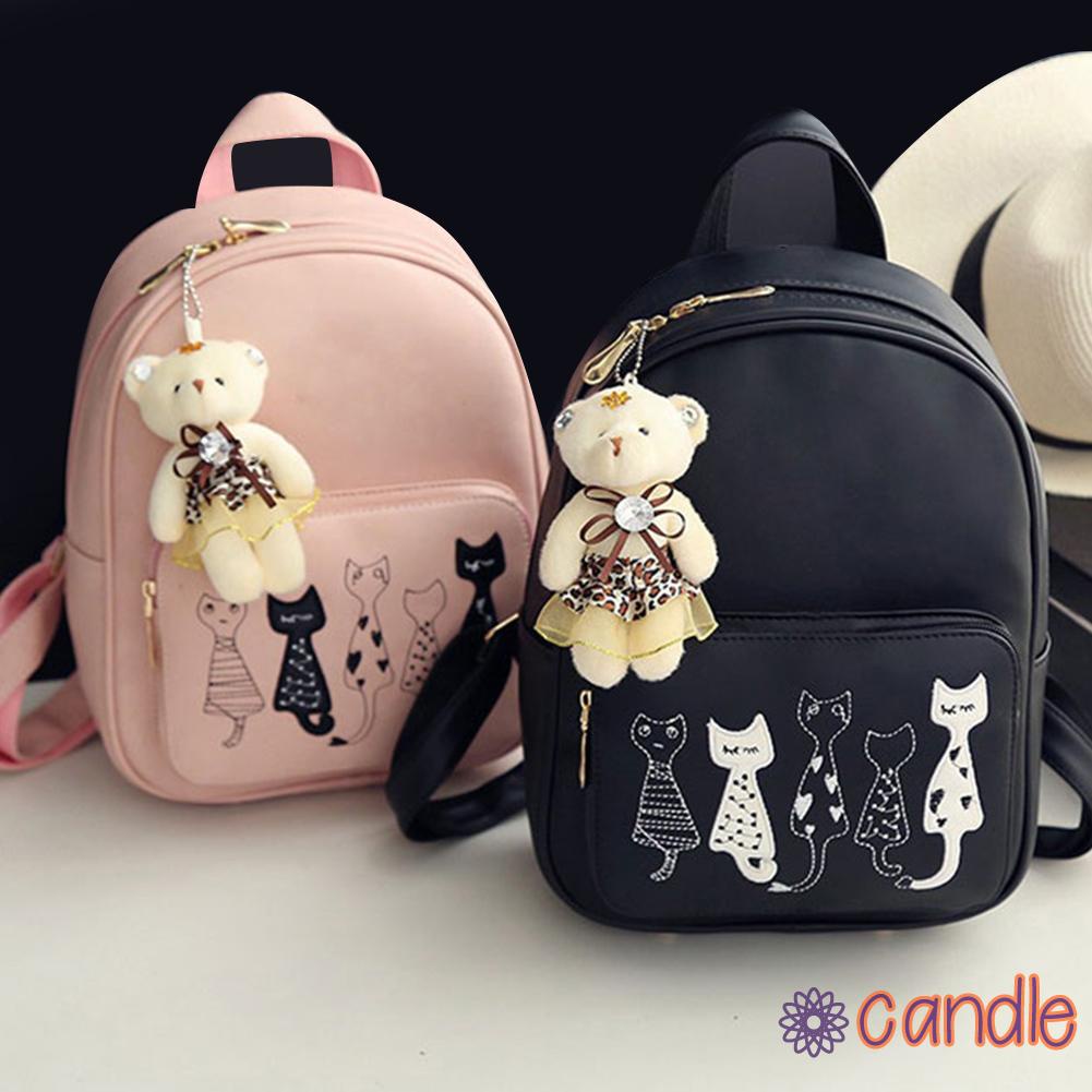 Set 4 món gồm ba lô + túi đeo chéo + ví cầm tay bằng da PU in họa tiết mèo cho nữ
