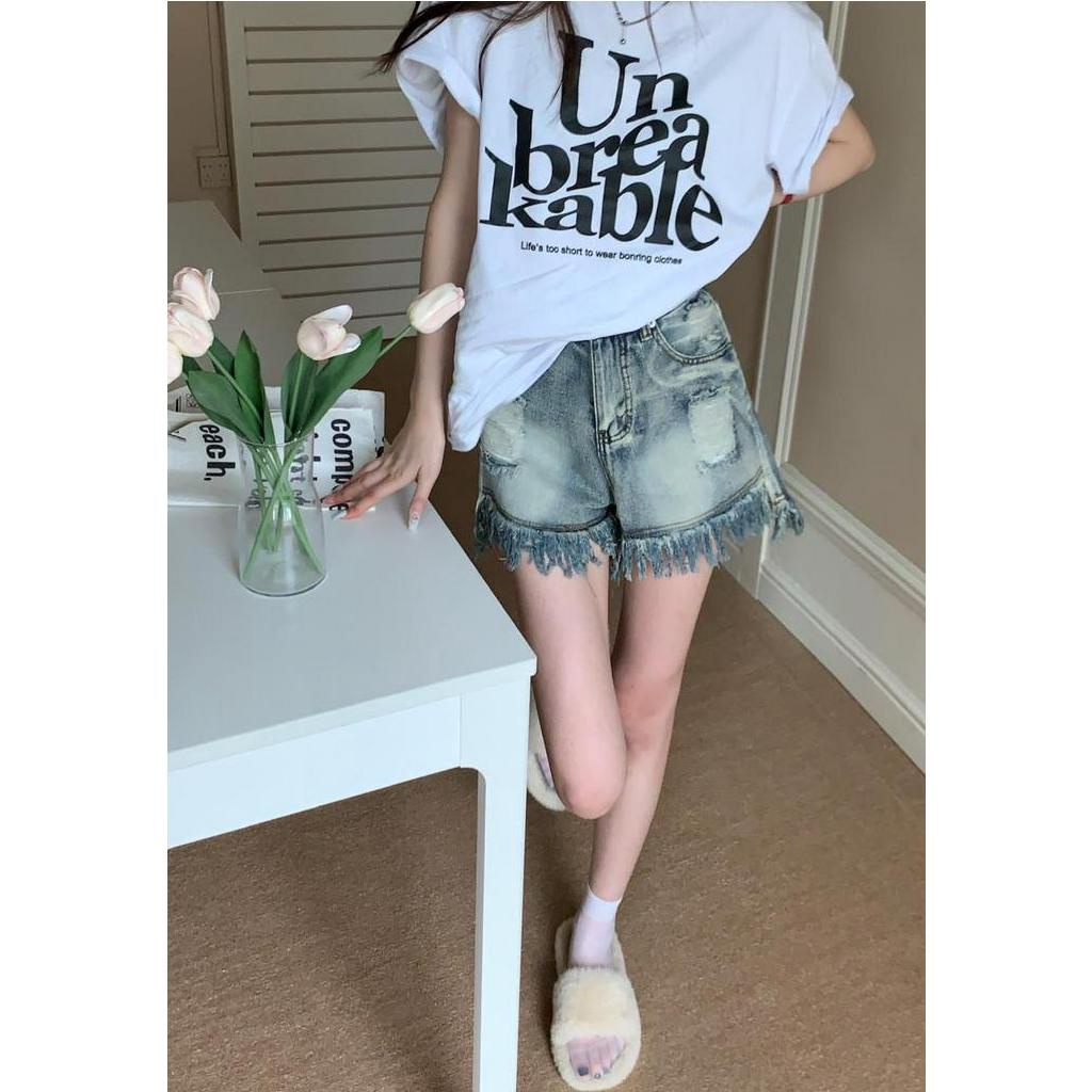 Quần Short Denim Sờn Cạp Cao Phong Cách Cổ Điển Kiểu Mới 64240