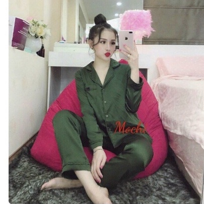 Bộ Pijama lụa mặc nhà viền bèo dài tay