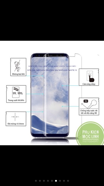 KÍNH CƯỜNG LỰC FULL KEO SẤY TIA UV SAMSUNG S7E S8 S8 PLUS S9 S9 Plus Note 8 Note 9
