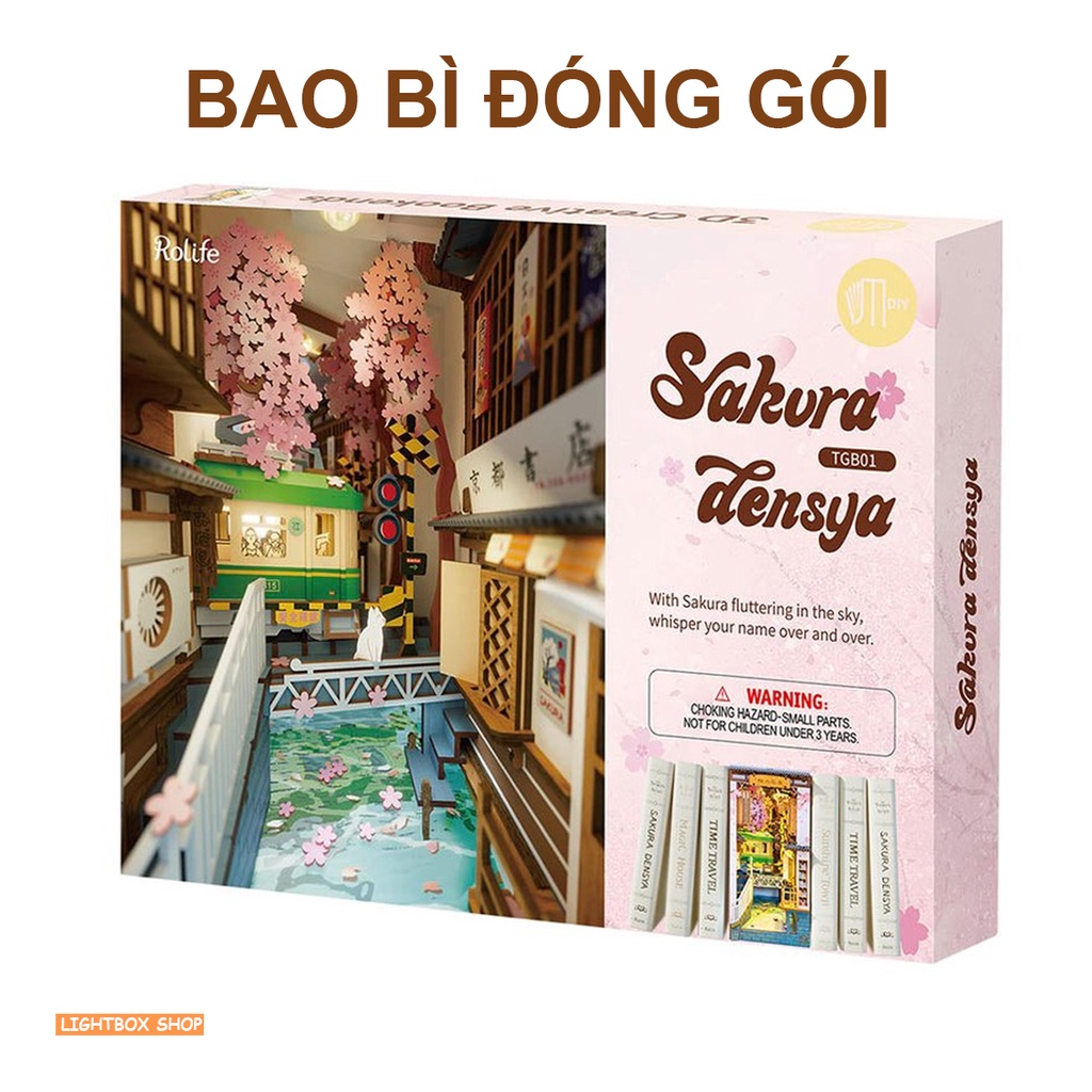 Mô hình Book Nook tự lắp ráp bằng gỗ Rolife Sakura Densya. Đèn có công tắc cảm ứng. TGB01