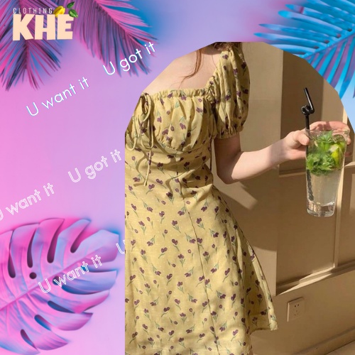 - Váy hoa ngắn dáng xoè nữ tính, đầm hoa ngắn, dịu dàng - cổ vuông có dây thắt