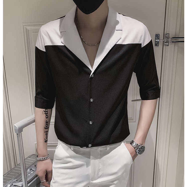 Áo sơ mi nam đen phối trắng Classic Cổ Vest, sơmi phong cách Hàn Quốc lịch lãm SH031