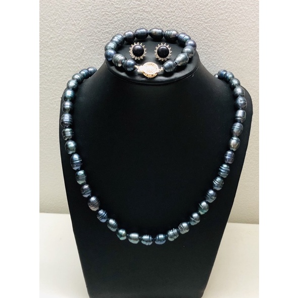 Bộ trang sức hạt ngọc trai nhân tạo rằn đen 12ly