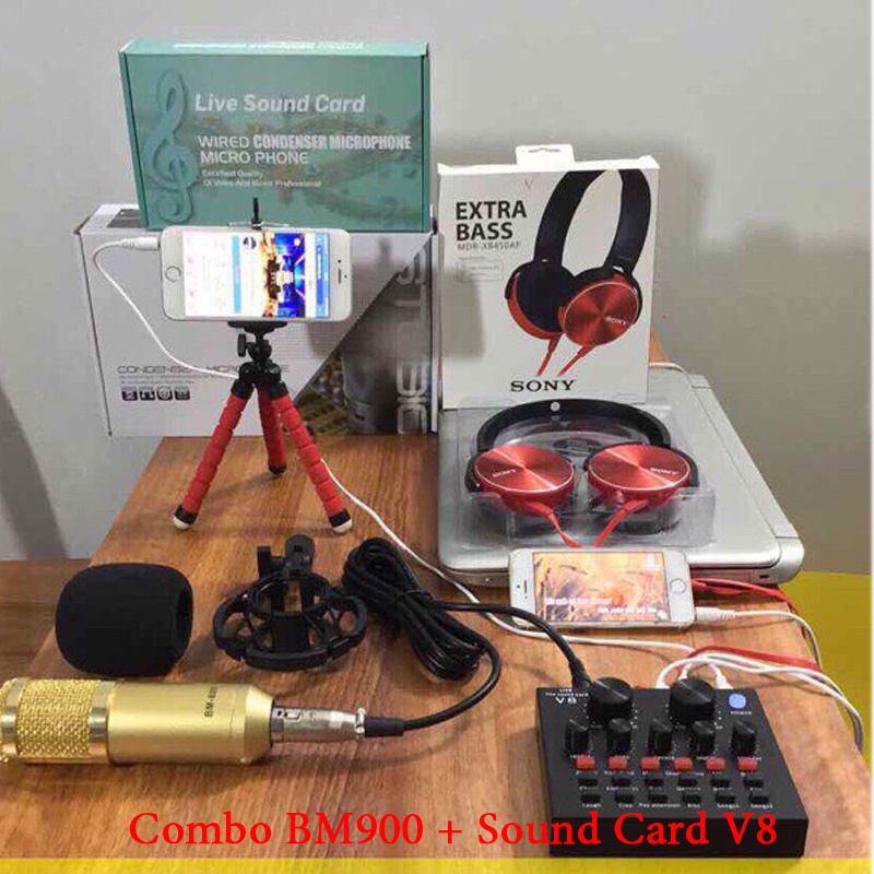 [Mã ELHACE giảm 4% đơn 300K] COMBO Mic Livestream BM900 và Sound Card V8 Chân Màng Tai Nghe sonyyy gậy 3 chân