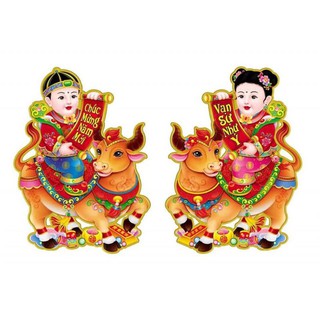 Combo 2 Hình dán 3D Trâu vàng, câu đối ngày tết decal  trang trí tết 2021