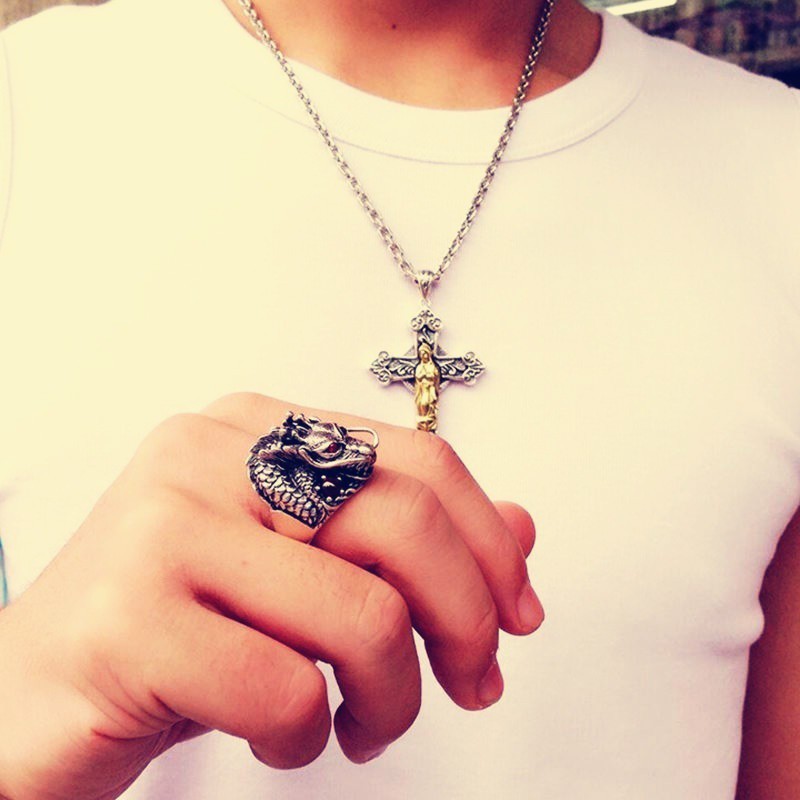 Nhẫn bạc họa tiết đầu rồng phong cách Trung Hoa cá tính