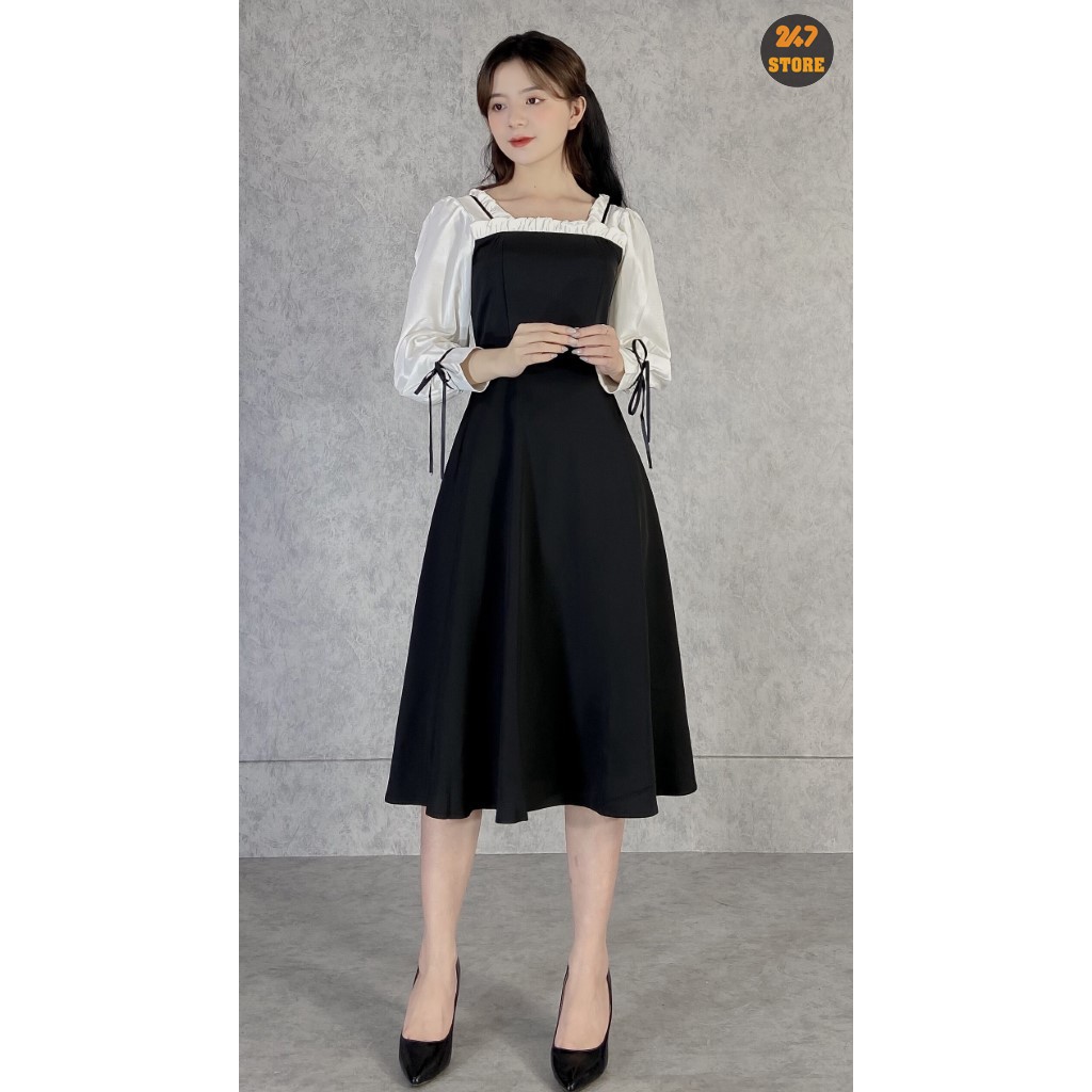 Váy công sở nữ phối nơ tay trắng viển ren 247STORE (màu đen), dáng dài, tay bồng, cổ vuông, vải trượt hàn | BigBuy360 - bigbuy360.vn