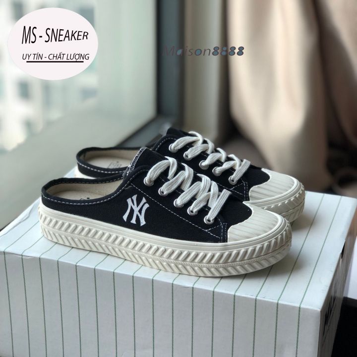 Sục NY, giày đạp gót NY đen/trắng/đen chữ NY hoa/trắng chữ NY hoa 36-39/MS Sneaker