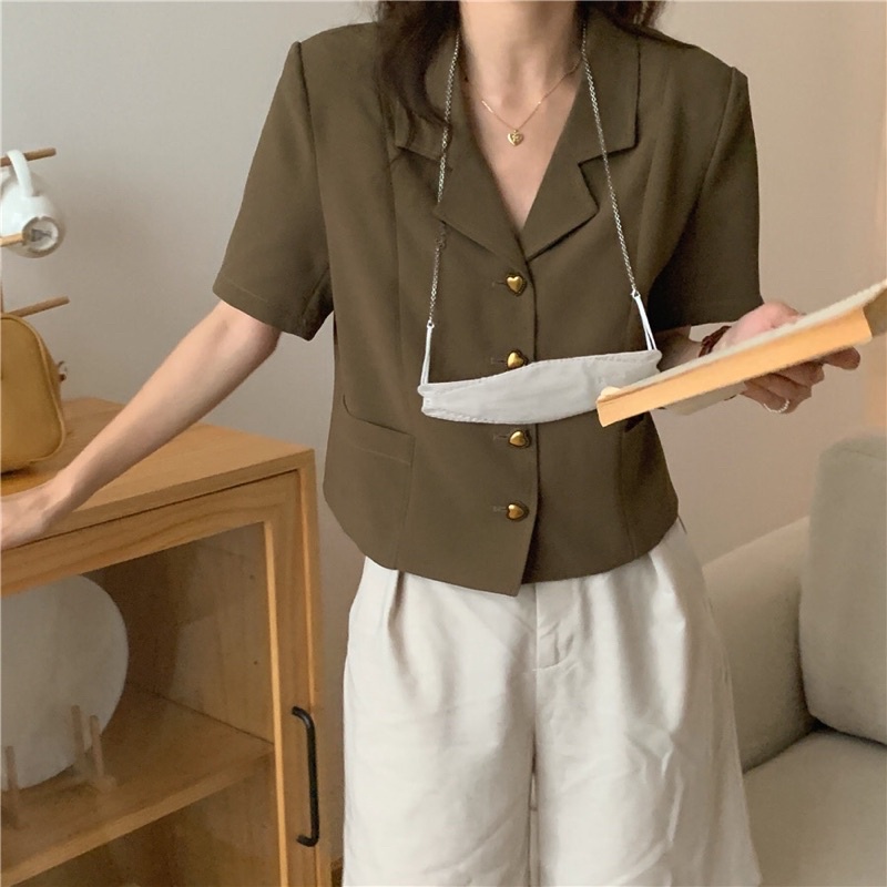 Áo vest nữ blazer tay ngắn màu tối giản Hàn Quốc