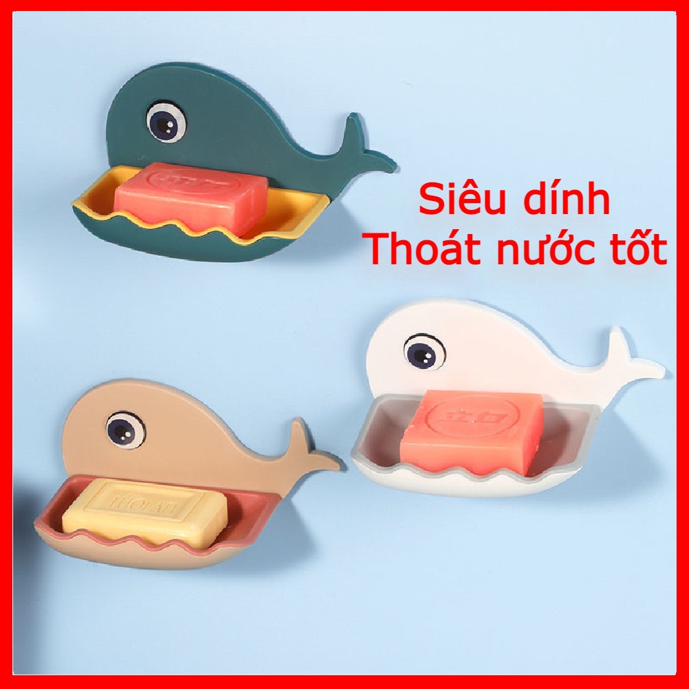 Khay kệ đựng xà phòng xà bông hình cá voi dán tường siêu dính bằng nhựa có lỗ thoát nước chịu lực tốt màu xanh hồng
