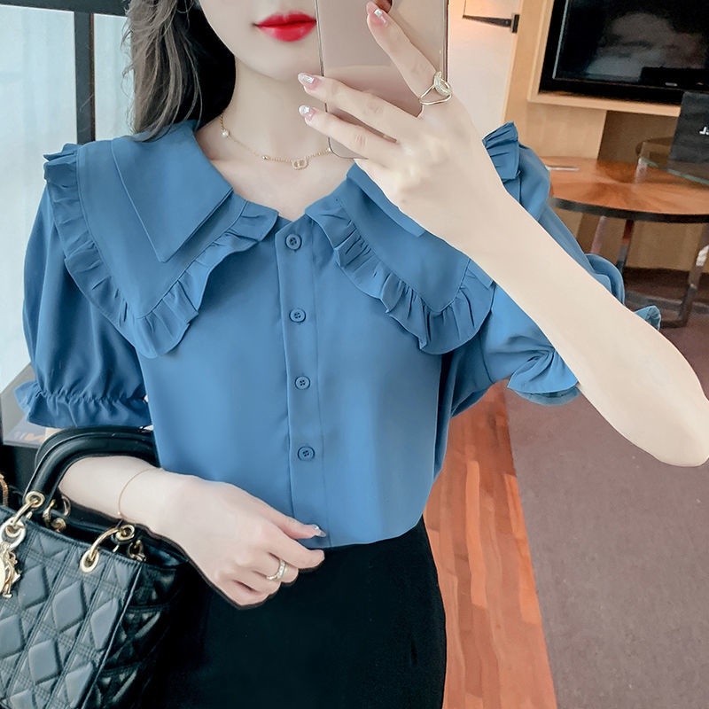 Áo Sơ Mi Chiffon Tay Ngắn Hai Lớp Dáng Rộng Thời Trang Mùa Hè Phong Cách Hàn Quốc Cho Nữ