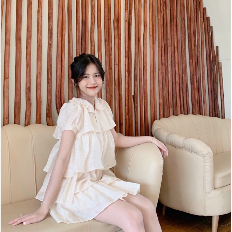 Đầm- Váy babydoll ngắn tay bèo tầng cổ sen voan tơ Ulzzang